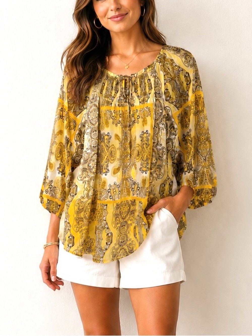 Charter Club Yellow Brown Paisley Boho Peasant Blouse 3/4 Sleeve Sheer Top L